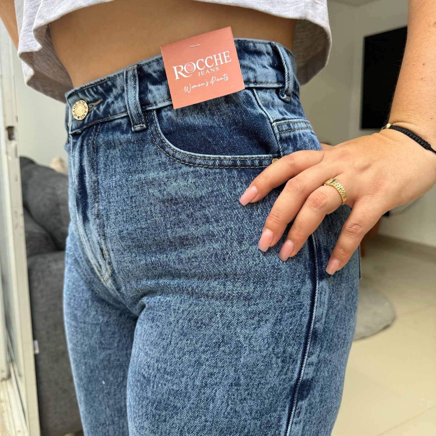 Mom Rígido Azul con Bota Flecos – Ref-1109