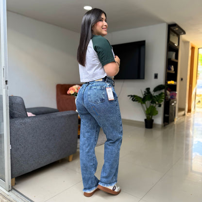 Mom Rígido Azul con Bota Flecos – Ref-1109