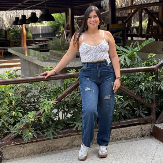 Mom Jeans Denim Clásico Rasgado Ref-1107