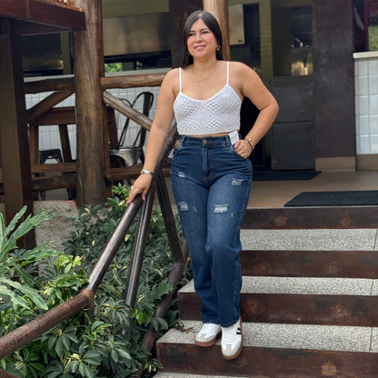 Mom Jeans Denim Clásico Rasgado Ref-1107